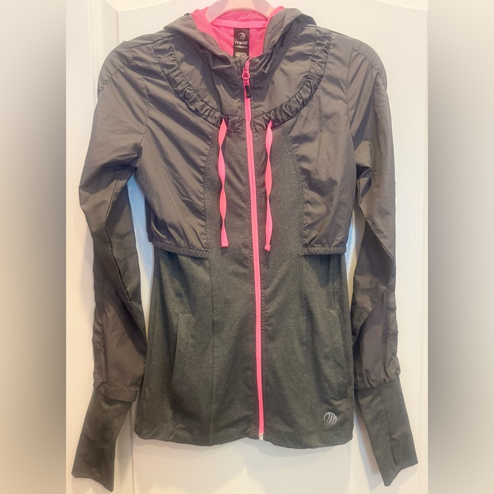 MPG Mixed Media Full Zip Hoodie Windbreaker Gray Pink XS